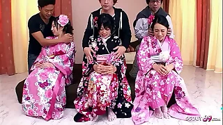 Rare Japanese Orgy with three cute JAV Boyhood with Gradual Pussy
