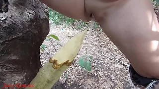 Perverted old bag squirts piss from cack-handed stake in forest